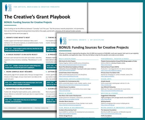 Two overlapping brochures: 'The Creative's Grant Playbook' and 'BONUS: Funding Sources for Creative Projects,' with blue/teal headers.