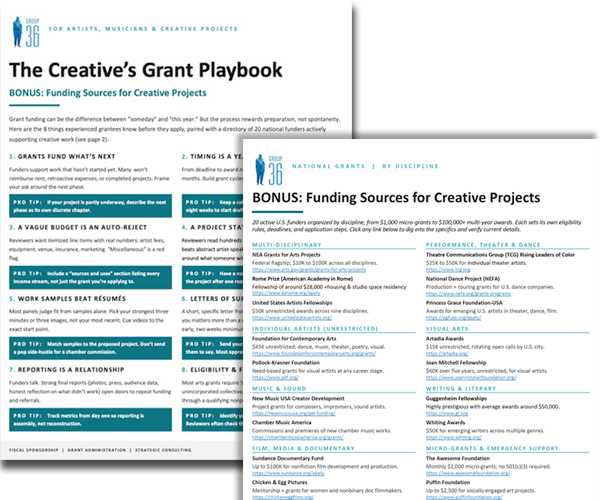 Two grant guide sheets for artists and creatives, showing 'The Creative’s Grant Playbook' and 'BONUS: Funding Sources for Creative Projects' with categorized funding lists.