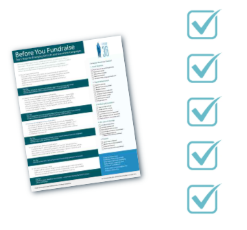 Tilted 'Before You Fundraise' flyer featuring bulleted sections beside five teal checkmark icons signaling completed steps.