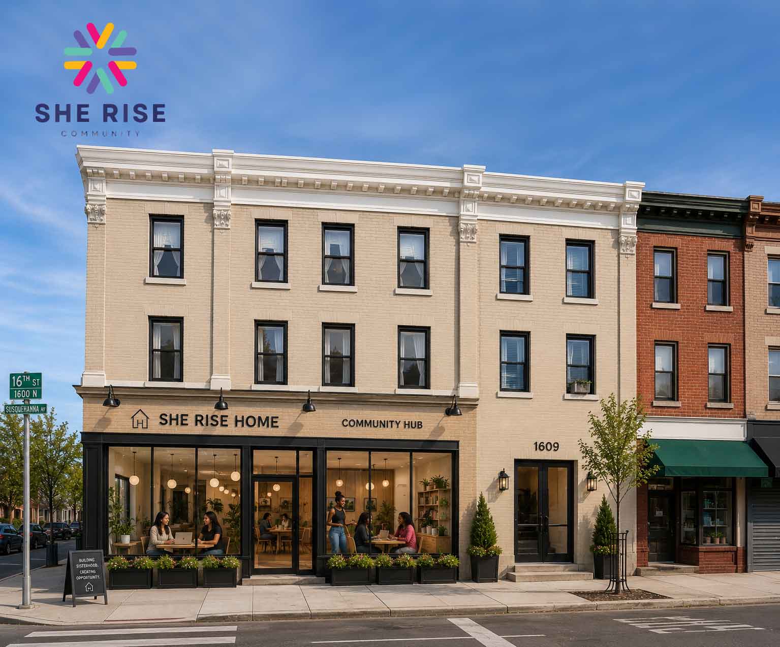 SHE RISE Community Hub storefront on a beige brick building with large glass windows and people inside under a blue sky for an inviting community space.