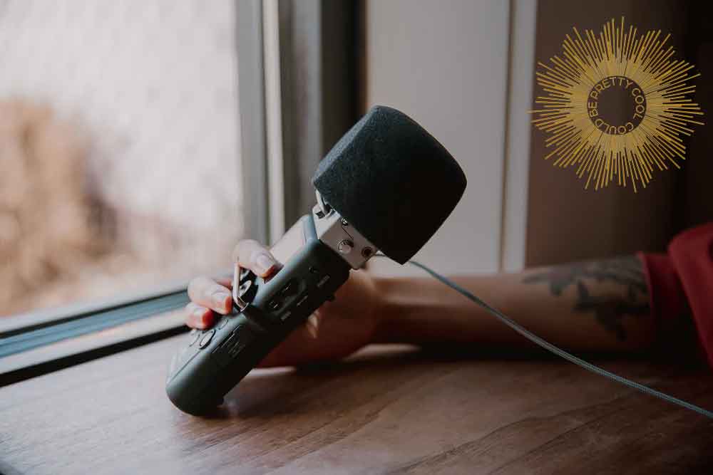 Handheld microphone with foam windscreen resting on a wooden table by a window, overlaid with a gold sunburst badge logo.