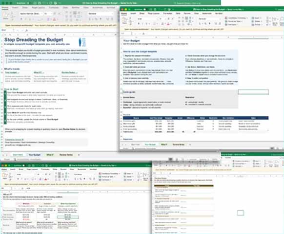 Collage of four Excel budget sheets with tables and charts; header text includes 'Stop Dreading the Budget'